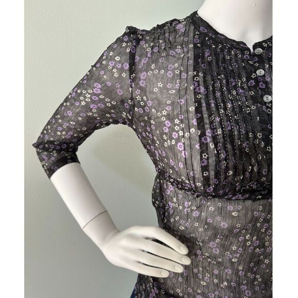Aeropostale Sheer Black Purple Floral Blouse Ruched Button Front Top size XS - Picture 5 of 6